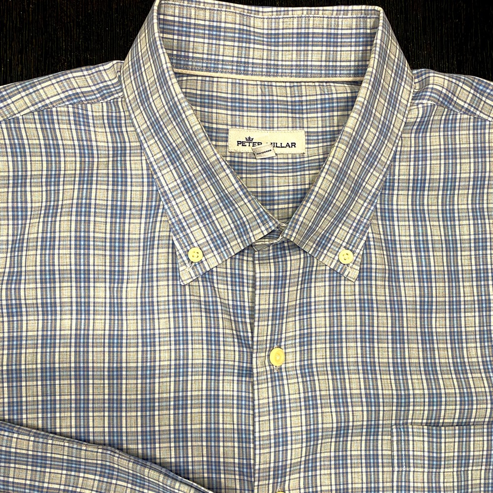 Peter Millar Blue and White Plaid Casual Button Down Shirt